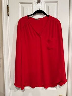 PLEIONE Red Long Sleeve V-Neck Blouse Shirt Top Solid Career sz XL